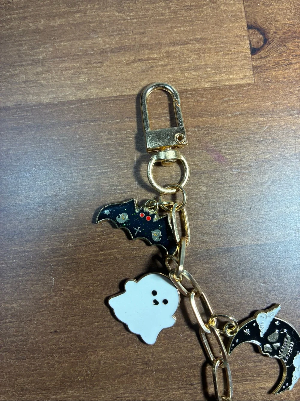 Gold-Tone Halloween Charm Key Chain or Bag Chain with White Ghost Accent